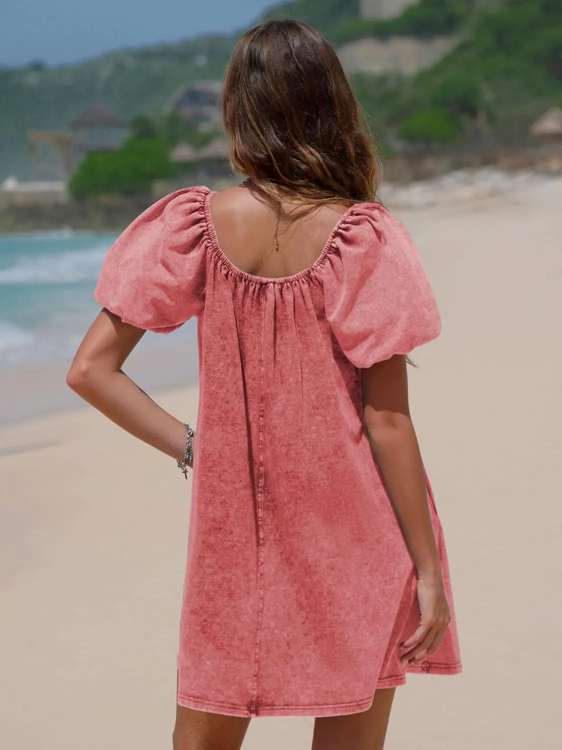 EXLURA Womens Summer Denim Short Puff Sleeve Dresses Knit Loose Plus Size Short Mini Dress 2025 Trendy Outfit