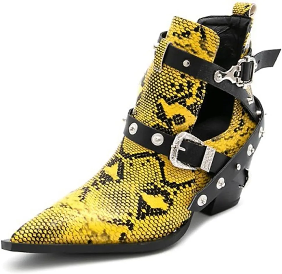 FAIRSOMA Women'S Cutout Snakeskin Chunky Heels Ankle Boots With Double Buckle,Casual Cutout Stacked Mid-Heels Pointed Toe Chelsea Western Booties Dress Jeans Booties