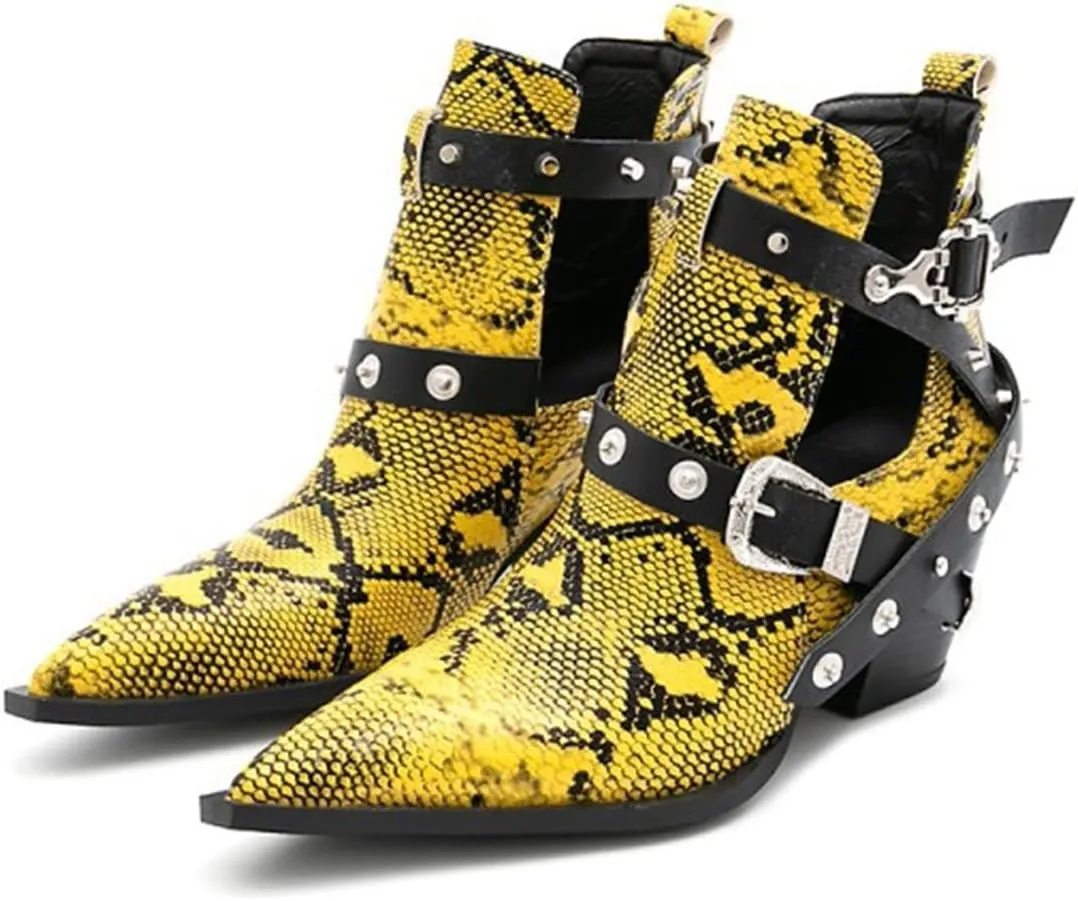 FAIRSOMA Women'S Cutout Snakeskin Chunky Heels Ankle Boots With Double Buckle,Casual Cutout Stacked Mid-Heels Pointed Toe Chelsea Western Booties Dress Jeans Booties