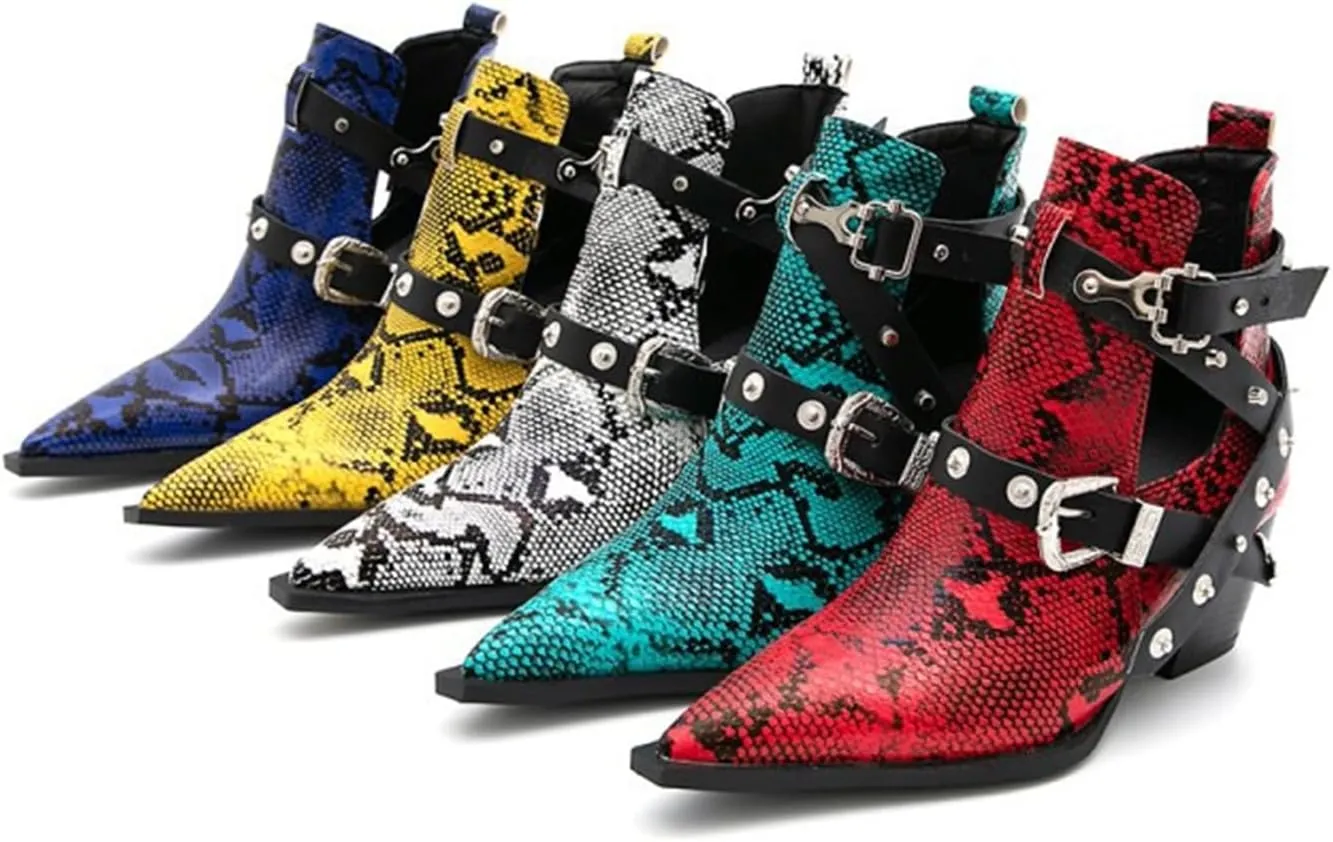 FAIRSOMA Women'S Cutout Snakeskin Chunky Heels Ankle Boots With Double Buckle,Casual Cutout Stacked Mid-Heels Pointed Toe Chelsea Western Booties Dress Jeans Booties