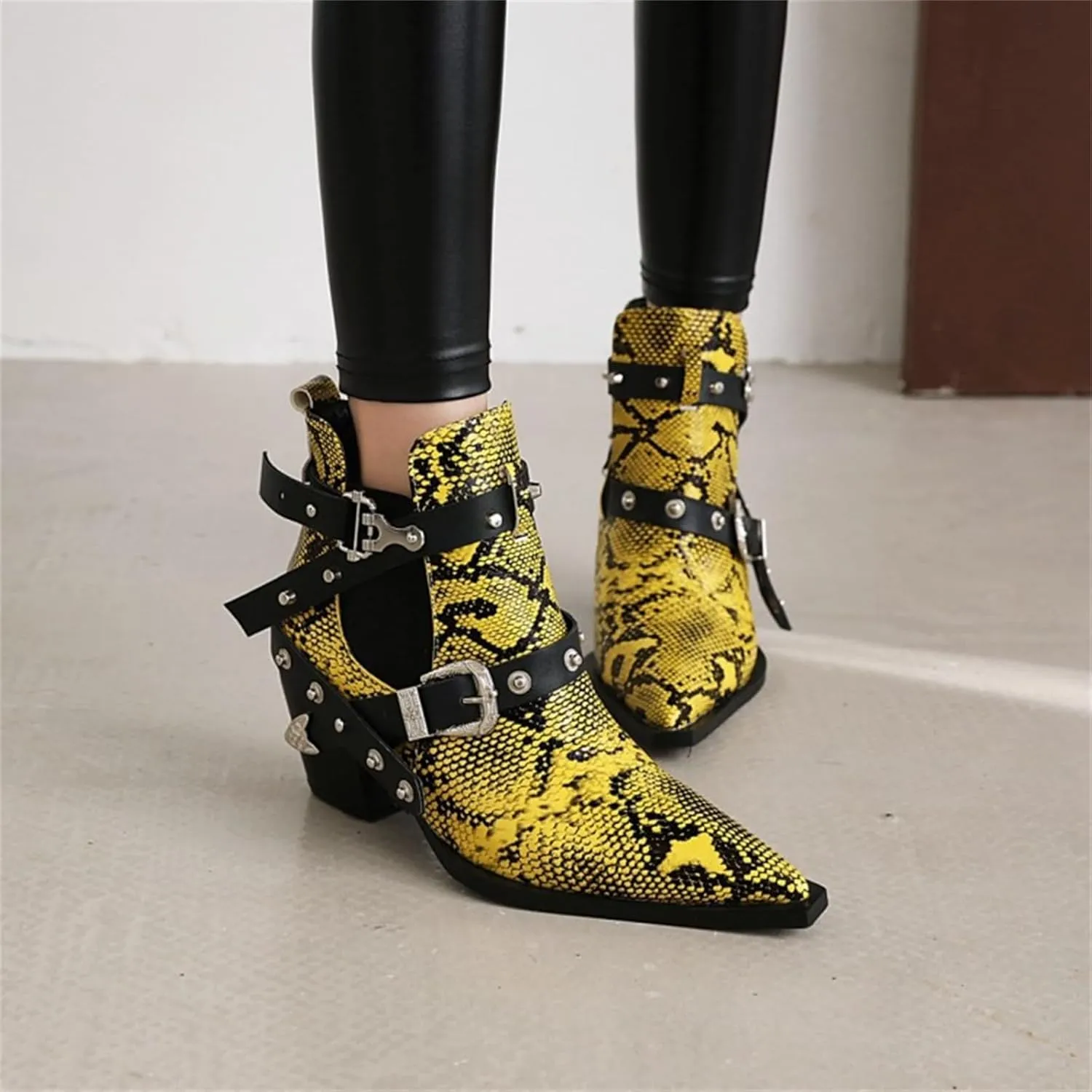 FAIRSOMA Women'S Cutout Snakeskin Chunky Heels Ankle Boots With Double Buckle,Casual Cutout Stacked Mid-Heels Pointed Toe Chelsea Western Booties Dress Jeans Booties