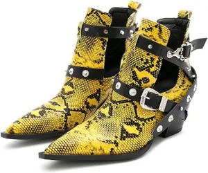 FAIRSOMA Women'S Cutout Snakeskin Chunky Heels Ankle Boots With Double Buckle,Casual Cutout Stacked Mid-Heels Pointed Toe Chelsea Western Booties Dress Jeans Booties