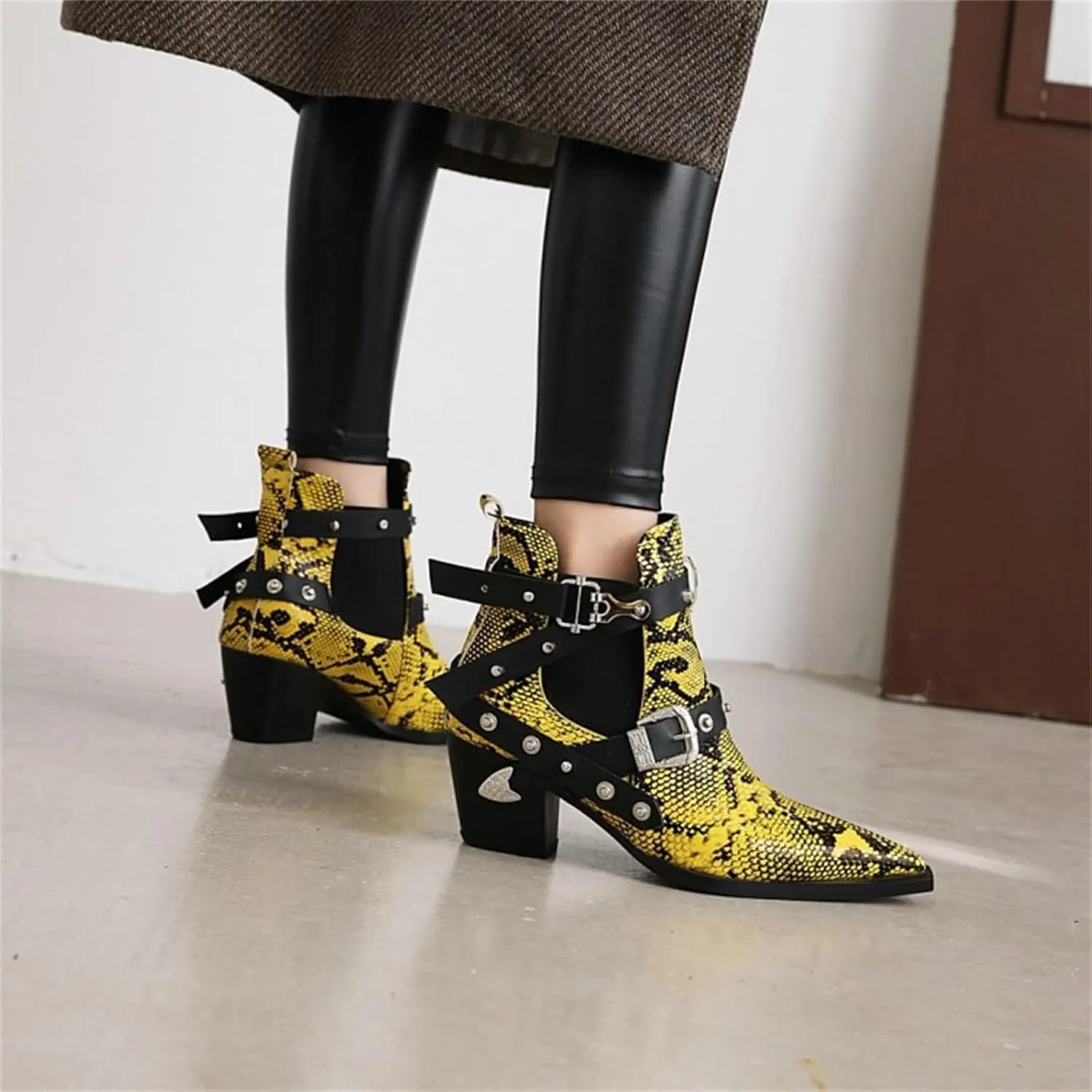 FAIRSOMA Women'S Cutout Snakeskin Chunky Heels Ankle Boots With Double Buckle,Casual Cutout Stacked Mid-Heels Pointed Toe Chelsea Western Booties Dress Jeans Booties