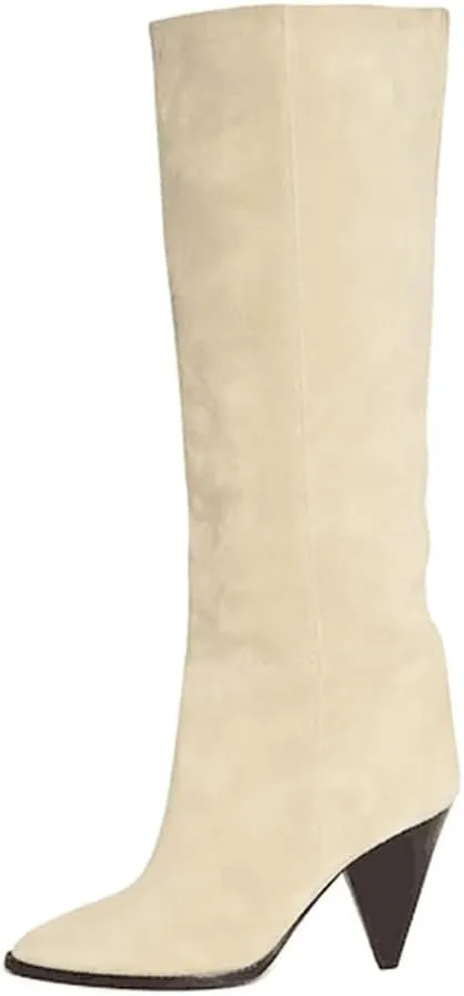 Fall tan Knee high boots for women pointed toe blue denim boot high heel black wide calf suede boots Beige heeled Booties Oversized shoes