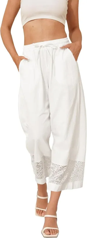 Fancysters Womens Linen Capri Pants Wide Leg High Waisted Palazzo Flowy Casual Loose Beach Summer Pants with Pockets