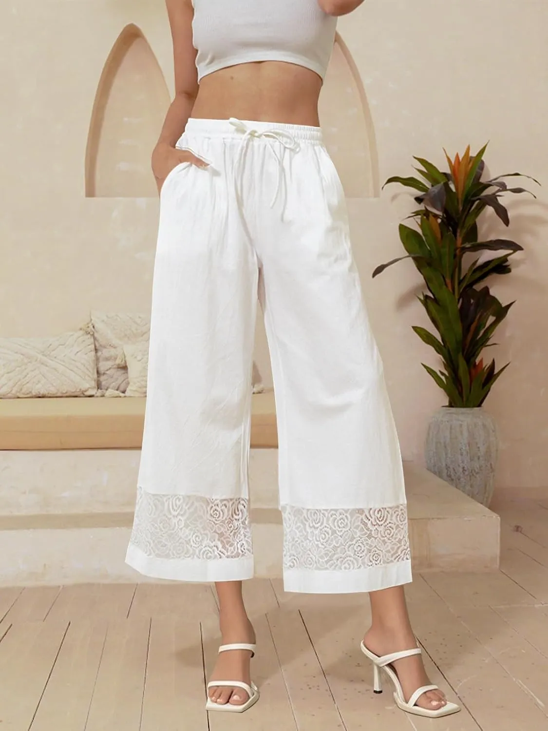 Fancysters Womens Linen Capri Pants Wide Leg High Waisted Palazzo Flowy Casual Loose Beach Summer Pants with Pockets