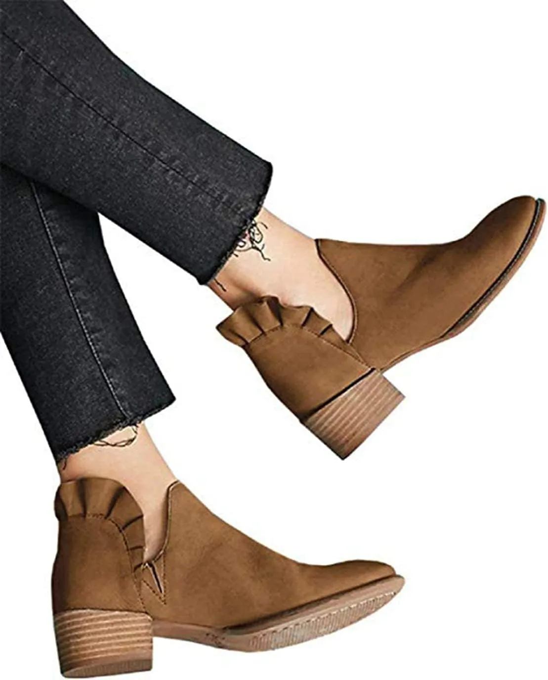 Fashare Womens Fall Cutout Booties Ankle Heels Low Stacked Ruffle Slip On Dress Short Boots Shoes