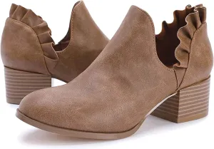 Fashare Womens Fall Cutout Booties Ankle Heels Low Stacked Ruffle Slip On Dress Short Boots Shoes