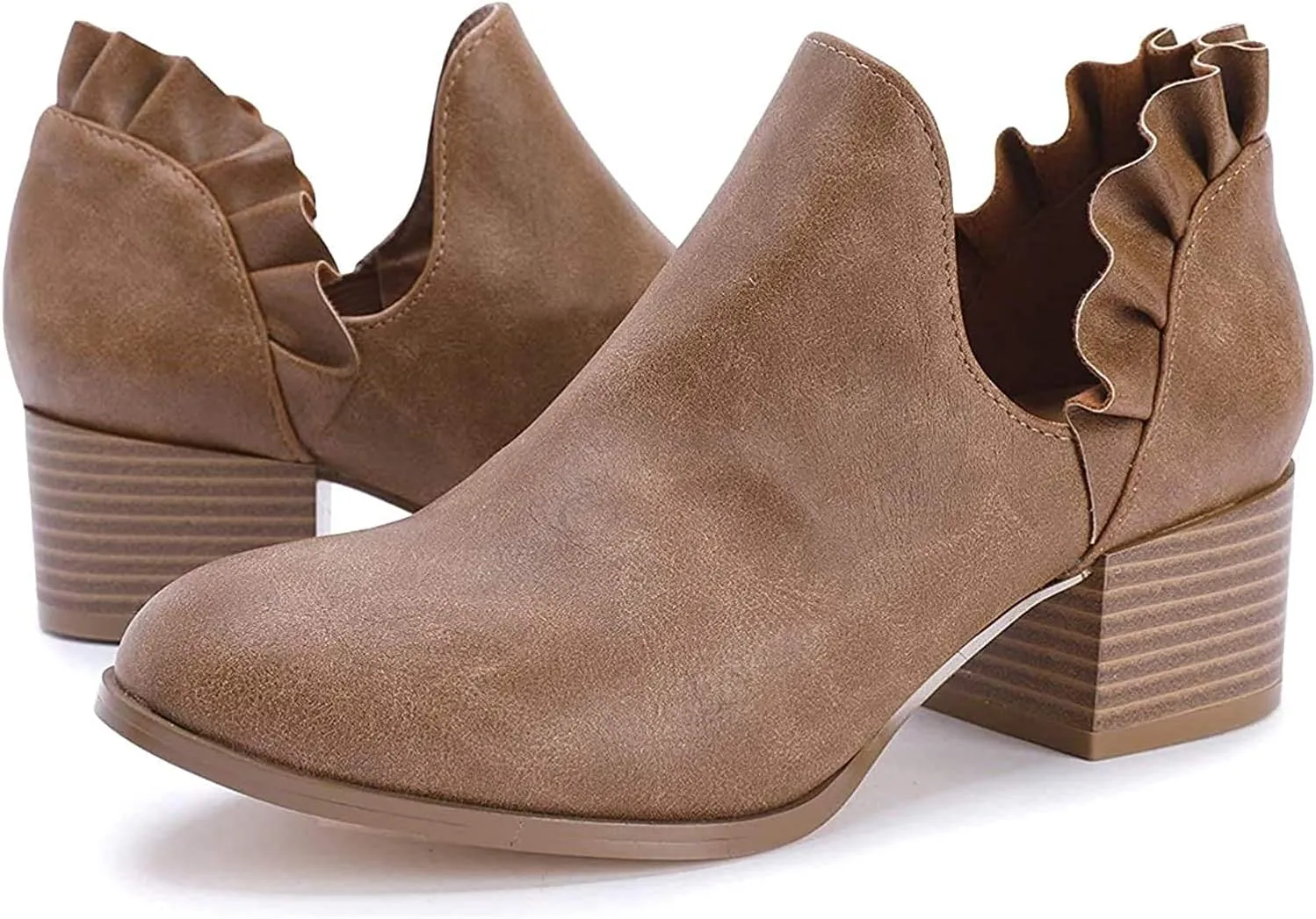 Fashare Womens Fall Cutout Booties Ankle Heels Low Stacked Ruffle Slip On Dress Short Boots Shoes