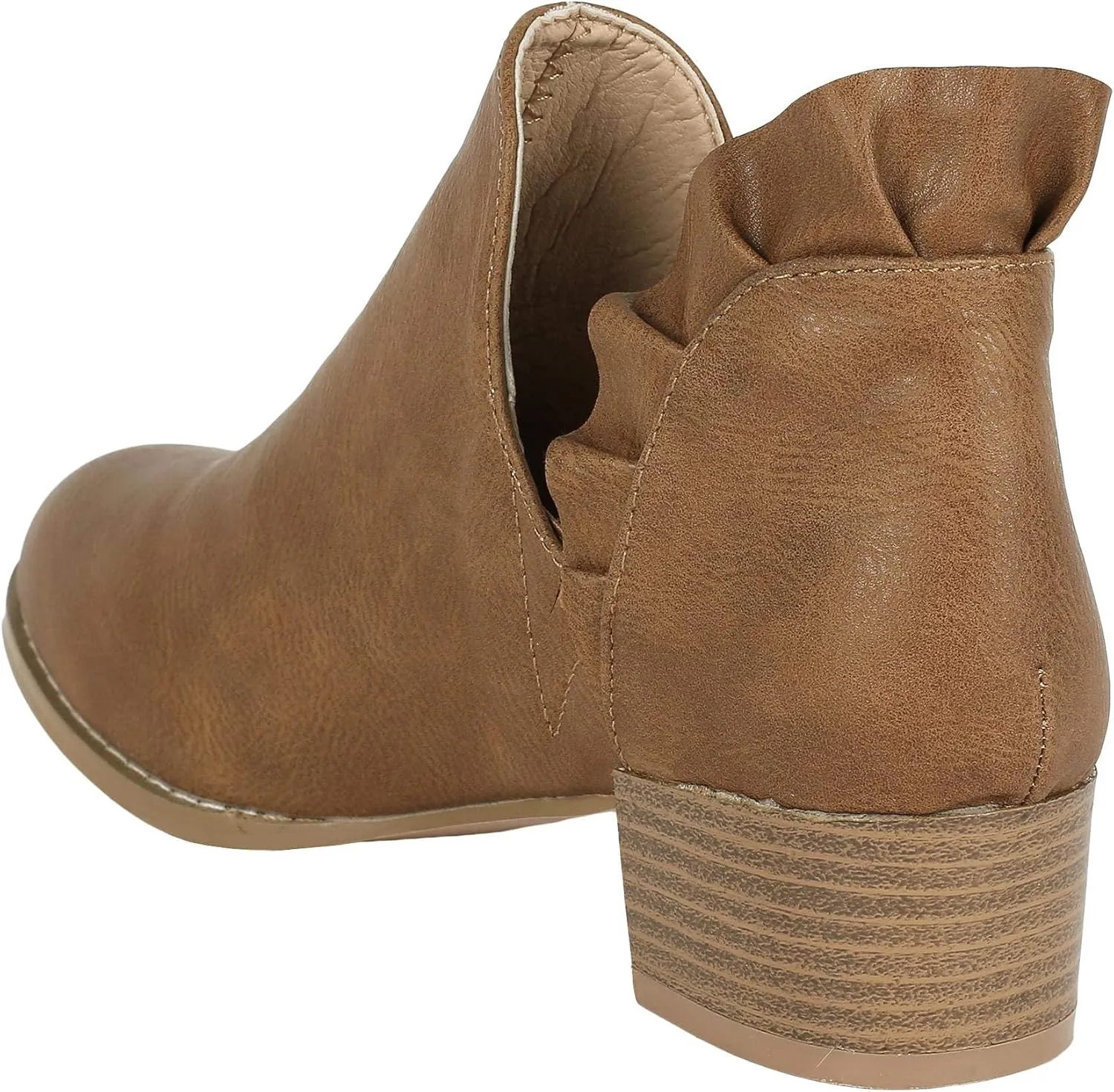Fashare Womens Fall Cutout Booties Ankle Heels Low Stacked Ruffle Slip On Dress Short Boots Shoes