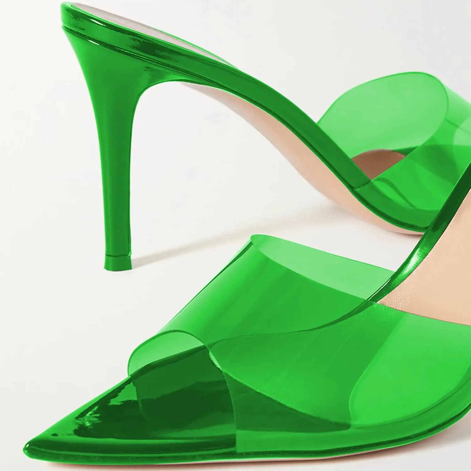 Fashion Clear PVC Mules Woman,Pointed Open Toe Transparent Women's Slippers with Sexy High Stiletto Heel,Lovely Backless Girls Slide Sandals for Outdoor Beach and Daily,Full US Shoe Size 4-16