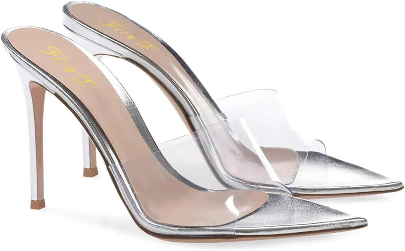 Fashion Clear PVC Mules Woman,Pointed Open Toe Transparent Women's Slippers with Sexy High Stiletto Heel,Lovely Backless Girls Slide Sandals for Outdoor Beach and Daily,Full US Shoe Size 4-16