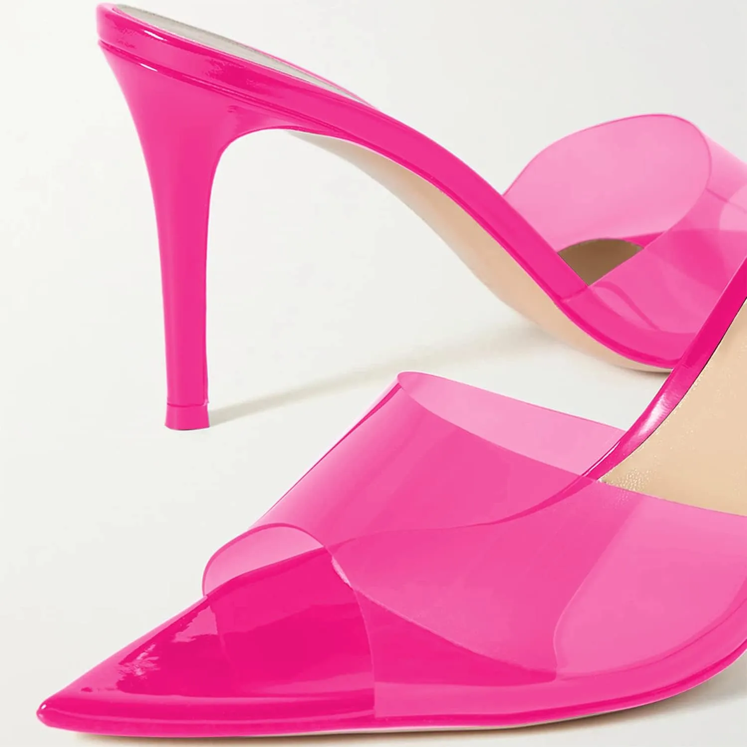Fashion Clear PVC Mules Woman,Pointed Open Toe Transparent Women's Slippers with Sexy High Stiletto Heel,Lovely Backless Girls Slide Sandals for Outdoor Beach and Daily,Full US Shoe Size 4-16