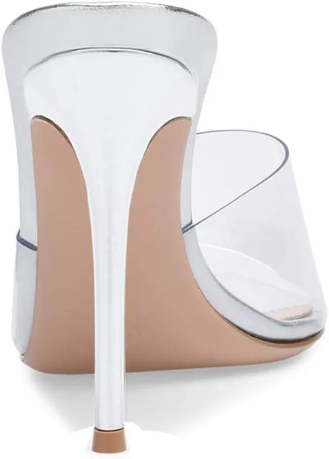 Fashion Clear PVC Mules Woman,Pointed Open Toe Transparent Women's Slippers with Sexy High Stiletto Heel,Lovely Backless Girls Slide Sandals for Outdoor Beach and Daily,Full US Shoe Size 4-16