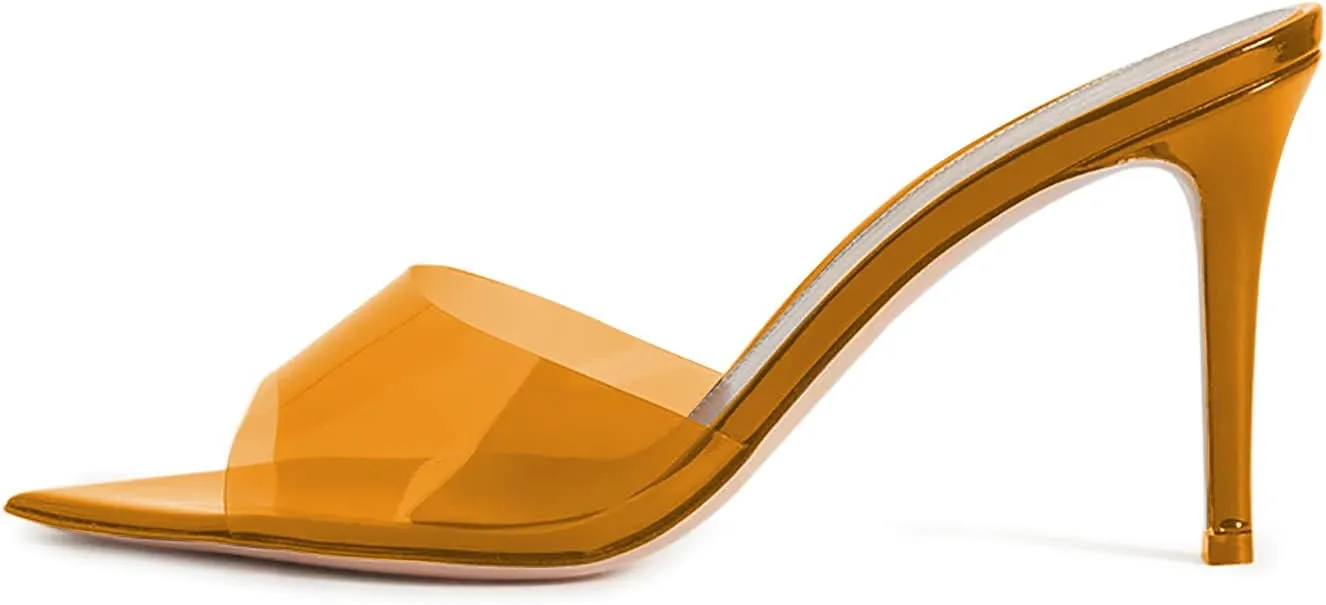 Fashion Clear PVC Mules Woman,Pointed Open Toe Transparent Women's Slippers with Sexy High Stiletto Heel,Lovely Backless Girls Slide Sandals for Outdoor Beach and Daily,Full US Shoe Size 4-16