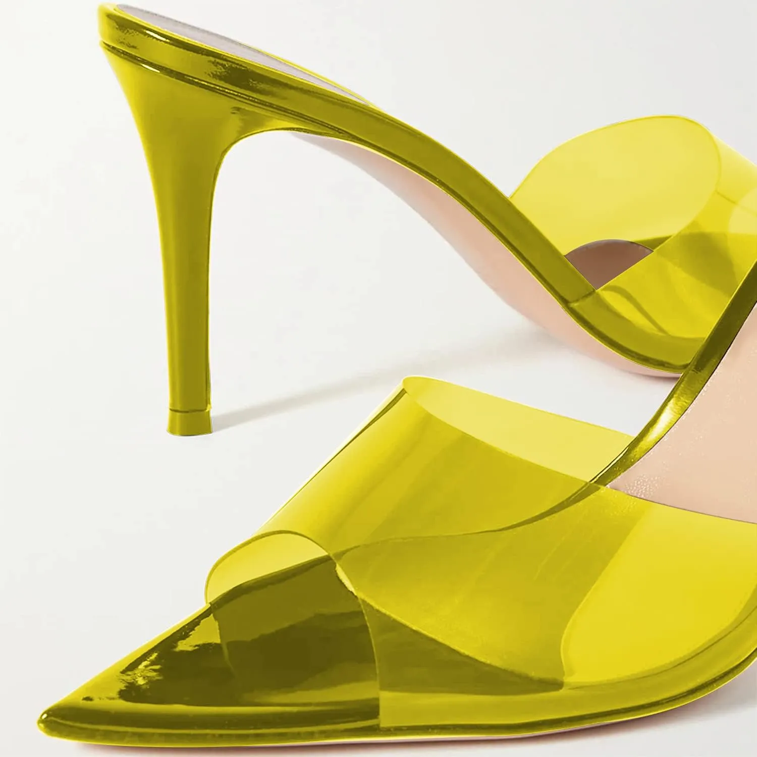 Fashion Clear PVC Mules Woman,Pointed Open Toe Transparent Women's Slippers with Sexy High Stiletto Heel,Lovely Backless Girls Slide Sandals for Outdoor Beach and Daily,Full US Shoe Size 4-16