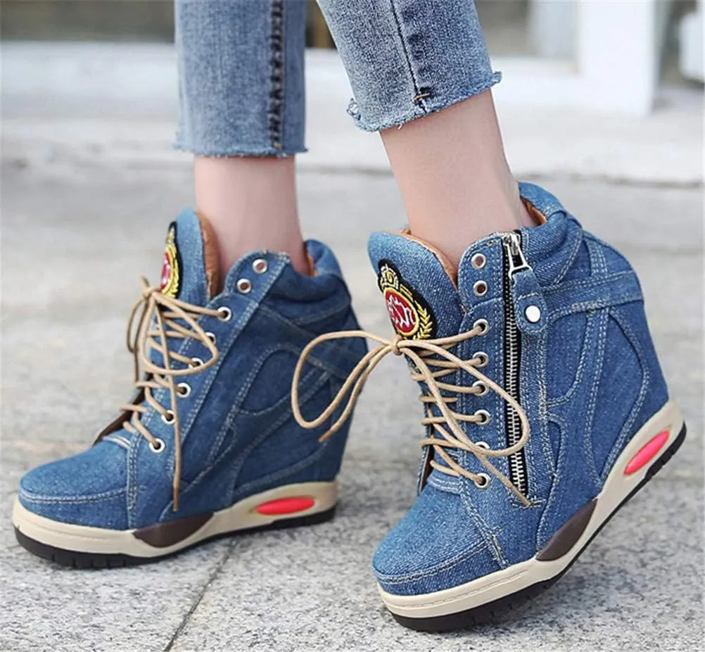 FENIKUSU Women's Wedge Sneakers with Hidden Heel Lace-up Ankle High Platform Denim Shoes
