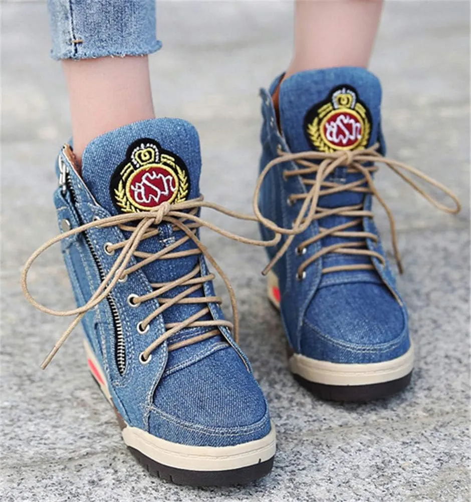 FENIKUSU Women's Wedge Sneakers with Hidden Heel Lace-up Ankle High Platform Denim Shoes