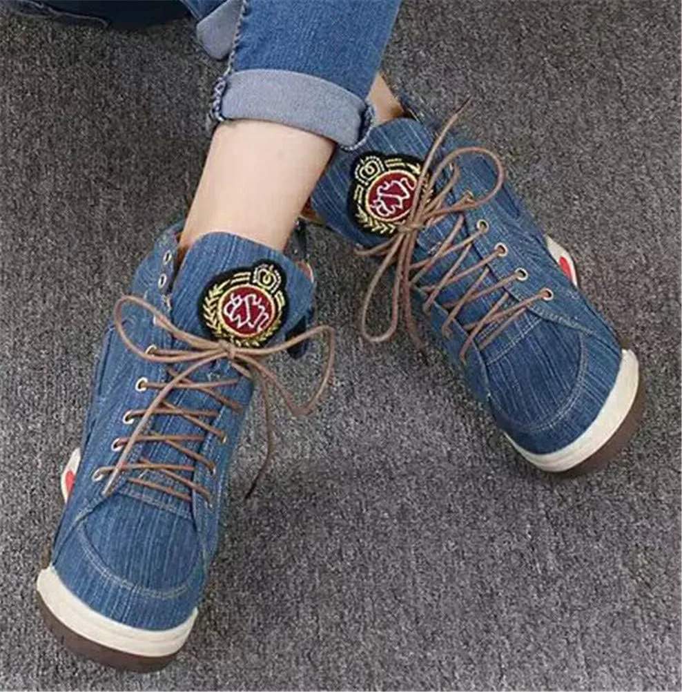FENIKUSU Women's Wedge Sneakers with Hidden Heel Lace-up Ankle High Platform Denim Shoes
