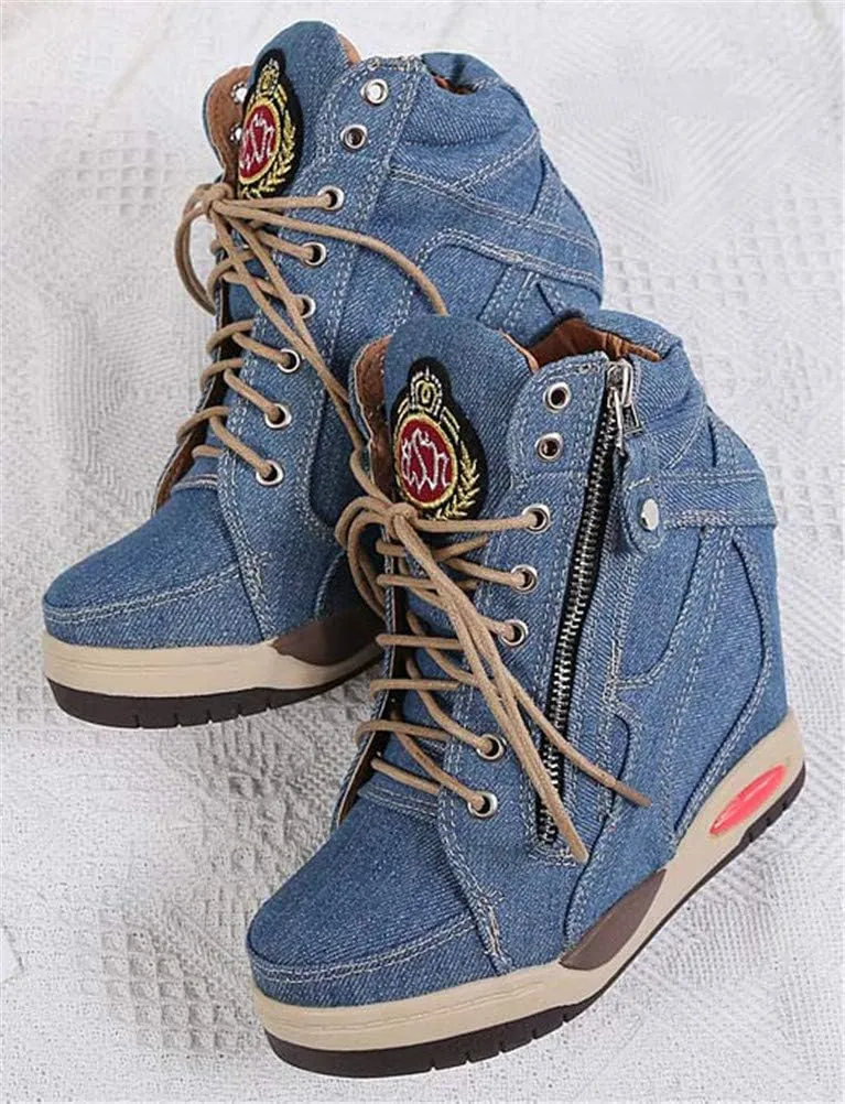 FENIKUSU Women's Wedge Sneakers with Hidden Heel Lace-up Ankle High Platform Denim Shoes