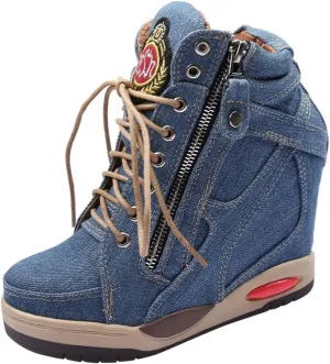 FENIKUSU Women's Wedge Sneakers with Hidden Heel Lace-up Ankle High Platform Denim Shoes