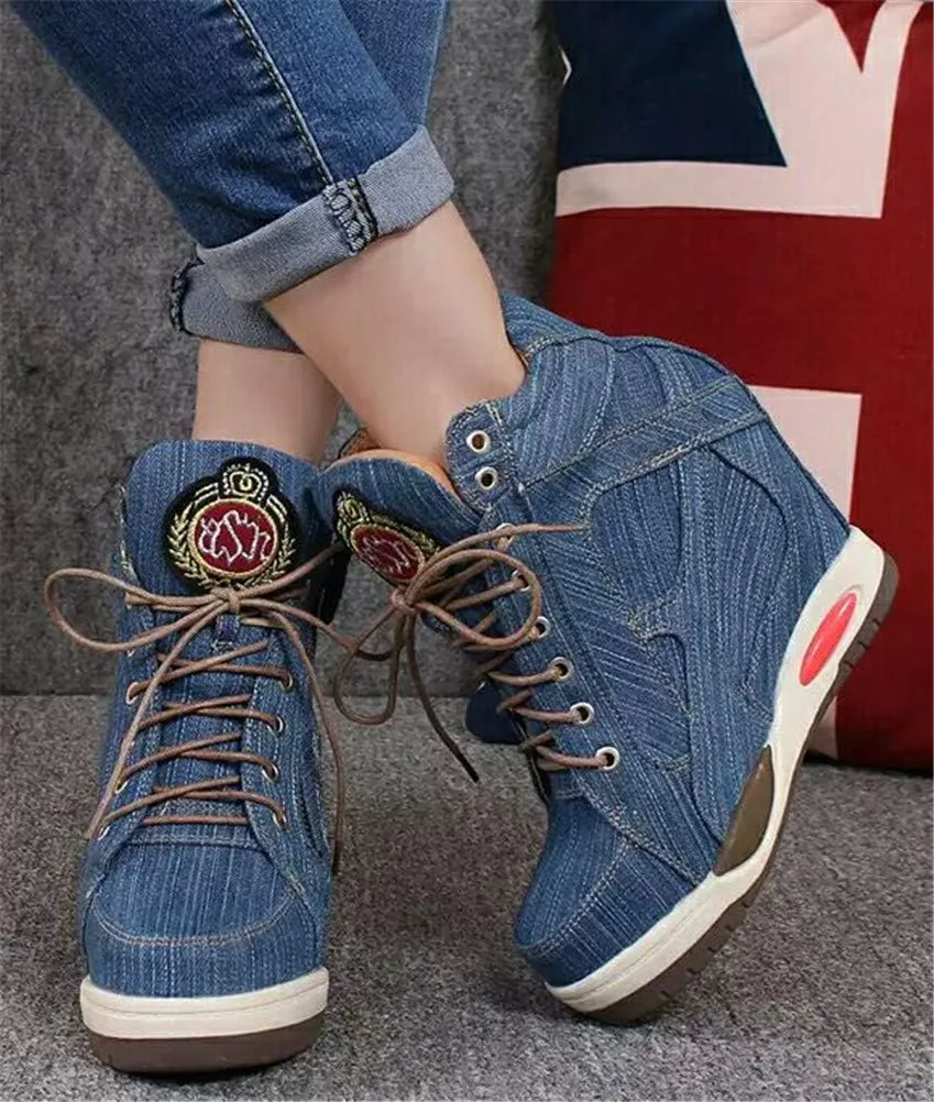 FENIKUSU Women's Wedge Sneakers with Hidden Heel Lace-up Ankle High Platform Denim Shoes