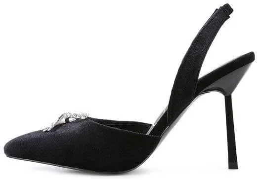 Firebird Velvet Diamante Heeled Slingback Mules