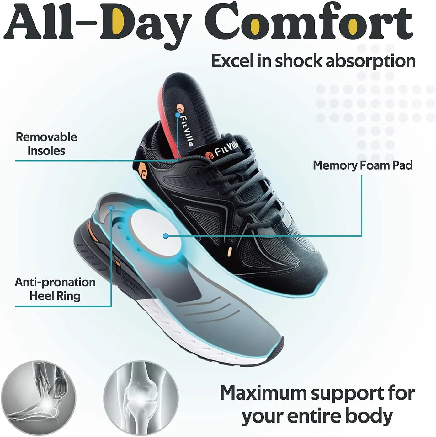 FitVille Extra Wide Walking Shoes for Men Wide Width Sneakers for Flat Feet Heel Pain Relief - Rebound Core
