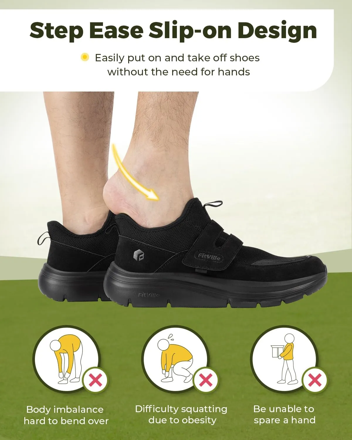 FitVille Men's Slip-on Shoes Wide Width Sneakers Hands Free Walking Shoes Gym Shoes for Men with Arch Support - Cloud Wanderer V5