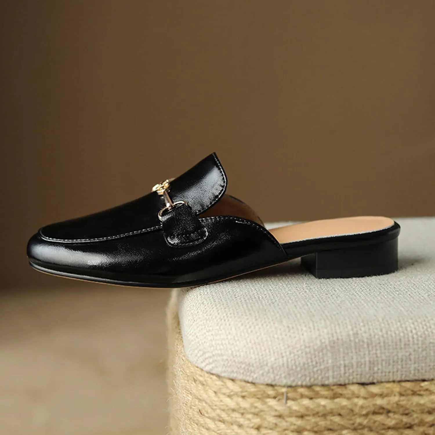Flat Mules for Women Buckle Slip On Loafer Shoes Round Toe Backless Walking Mules Shoes