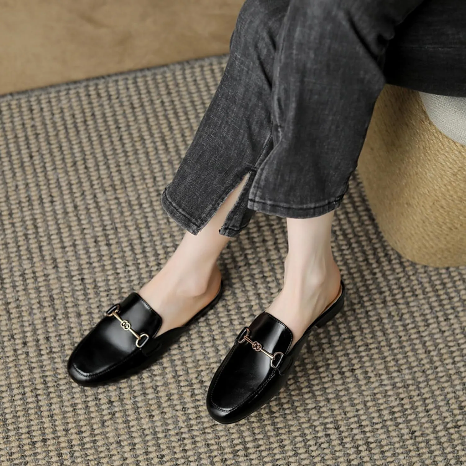 Flat Mules for Women Buckle Slip On Loafer Shoes Round Toe Backless Walking Mules Shoes