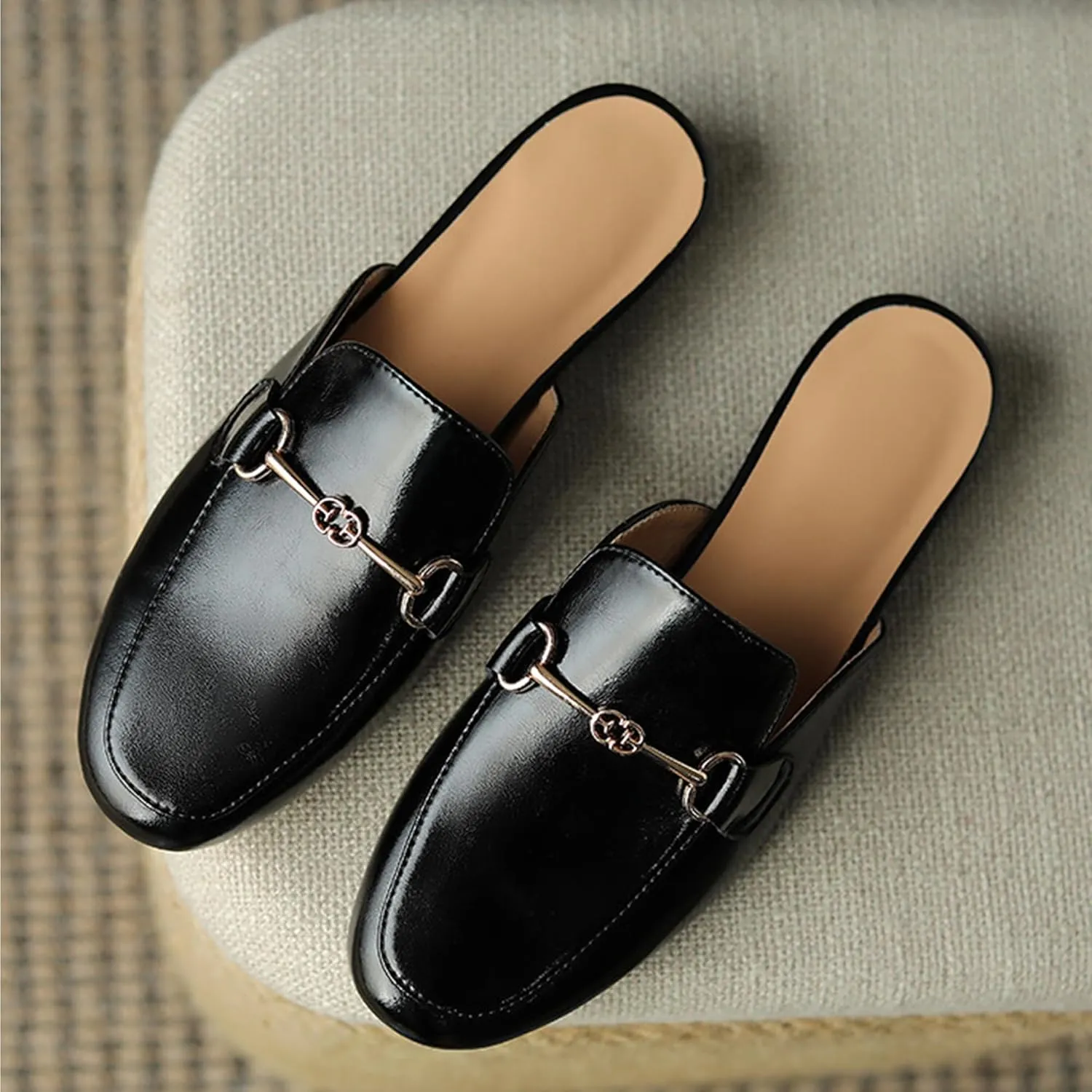 Flat Mules for Women Buckle Slip On Loafer Shoes Round Toe Backless Walking Mules Shoes