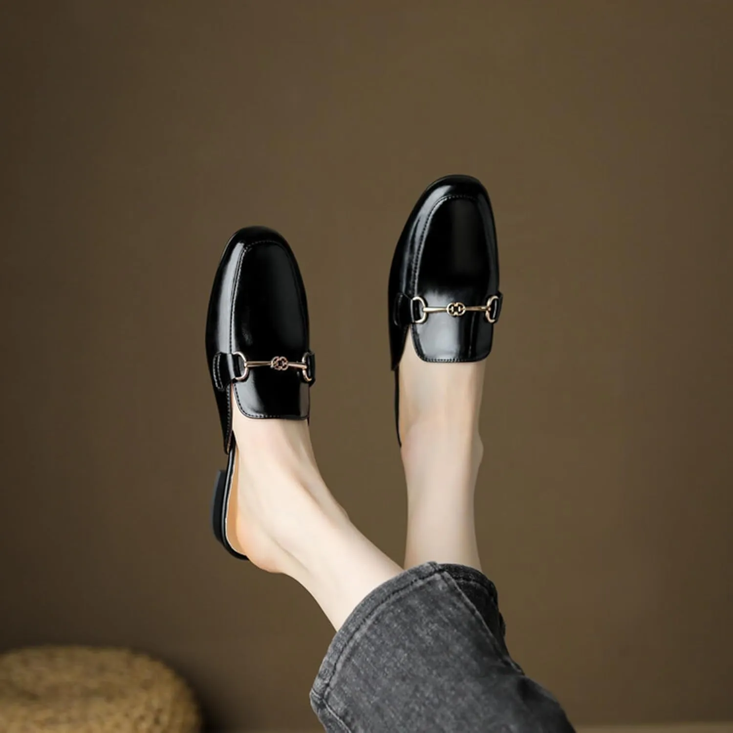 Flat Mules for Women Buckle Slip On Loafer Shoes Round Toe Backless Walking Mules Shoes