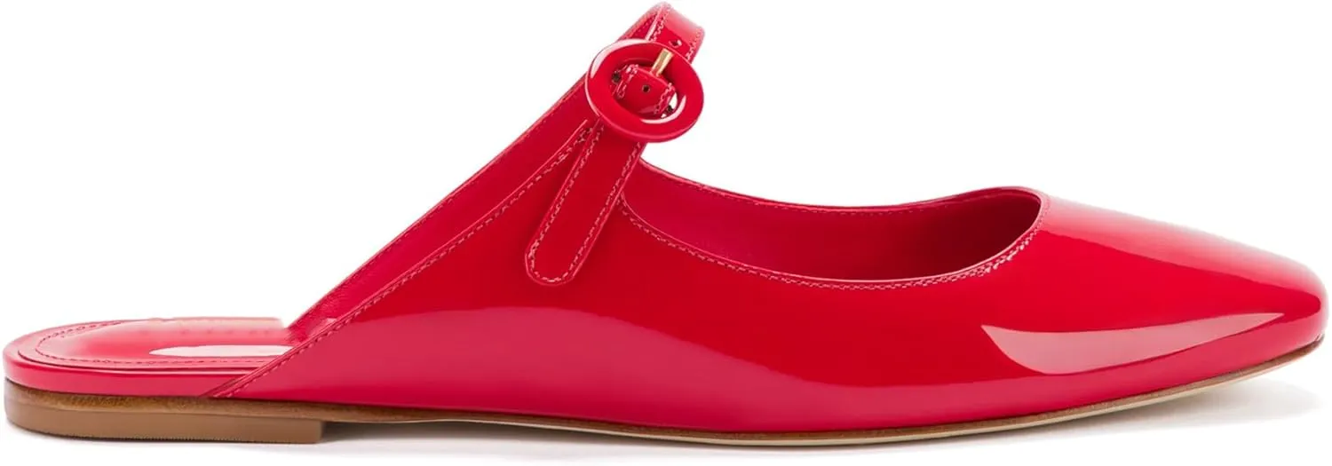 Flat Mules for Women Cute Closed Round Toe Slides Slip On Buckle Strap Mary Jane Backless Ballerina Flats Shoes