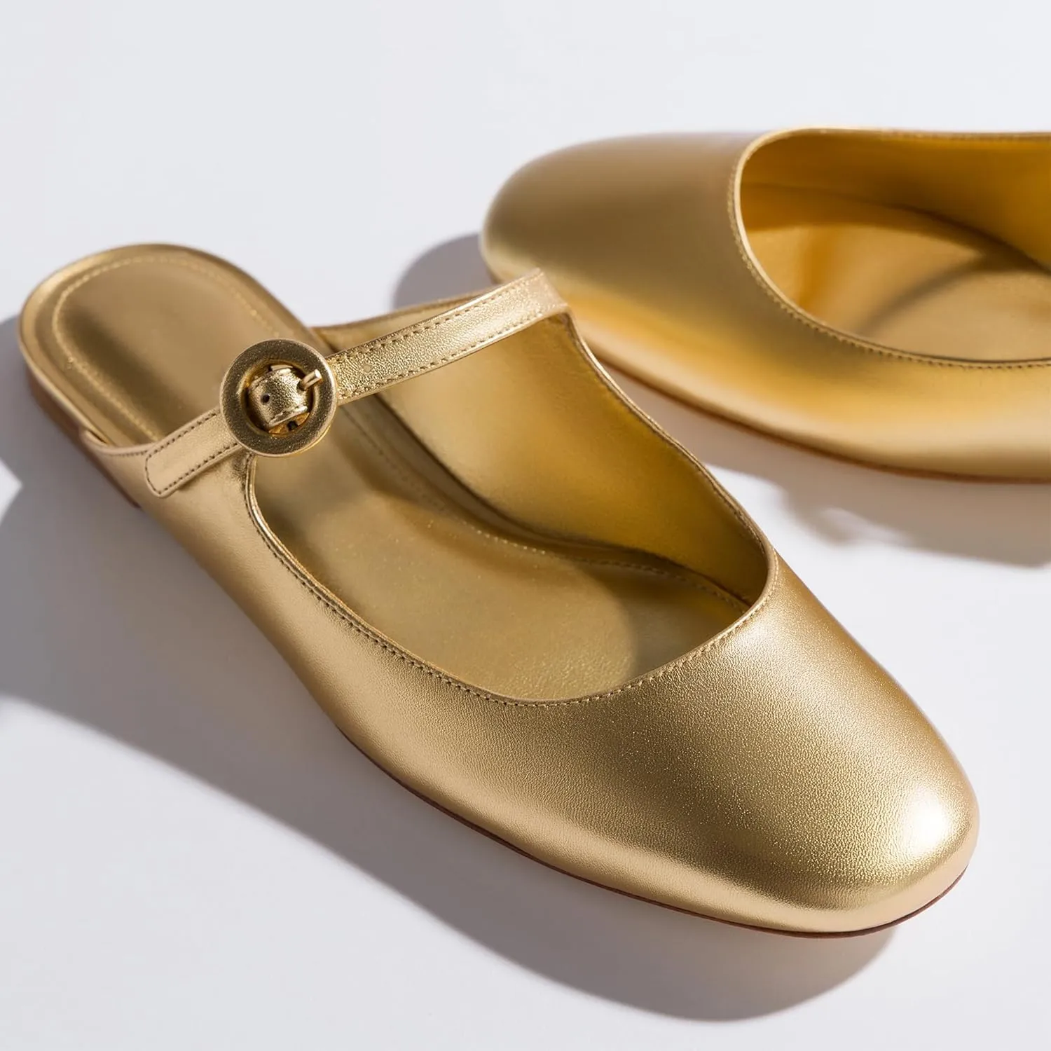 Flat Mules for Women Cute Closed Round Toe Slides Slip On Buckle Strap Mary Jane Backless Ballerina Flats Shoes