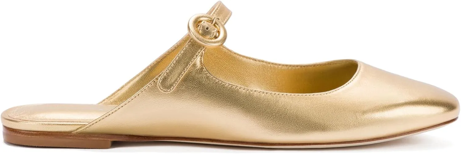 Flat Mules for Women Cute Closed Round Toe Slides Slip On Buckle Strap Mary Jane Backless Ballerina Flats Shoes