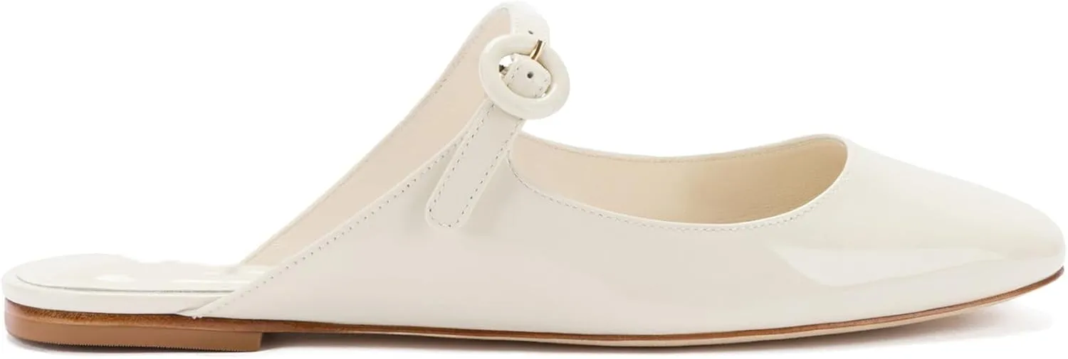 Flat Mules for Women Cute Closed Round Toe Slides Slip On Buckle Strap Mary Jane Backless Ballerina Flats Shoes