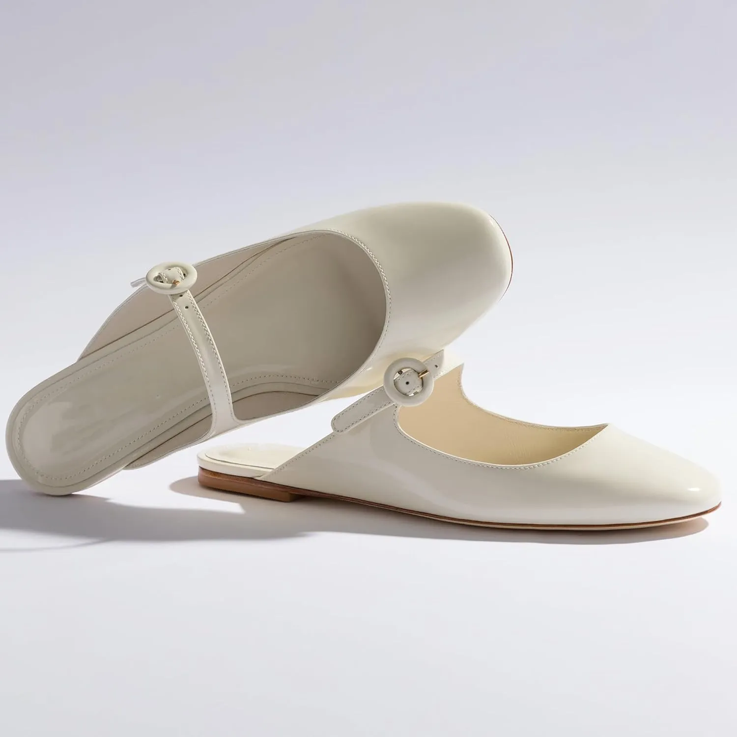 Flat Mules for Women Cute Closed Round Toe Slides Slip On Buckle Strap Mary Jane Backless Ballerina Flats Shoes