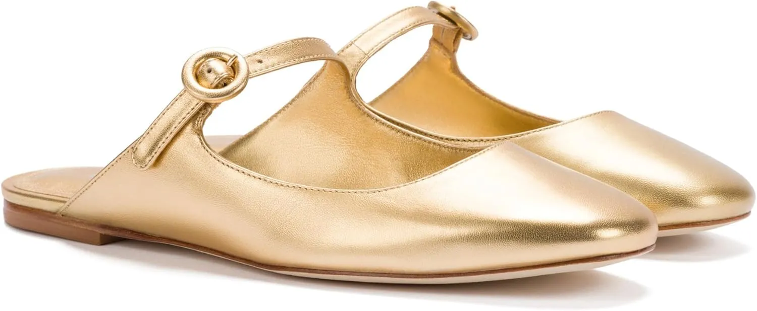 Flat Mules for Women Cute Closed Round Toe Slides Slip On Buckle Strap Mary Jane Backless Ballerina Flats Shoes