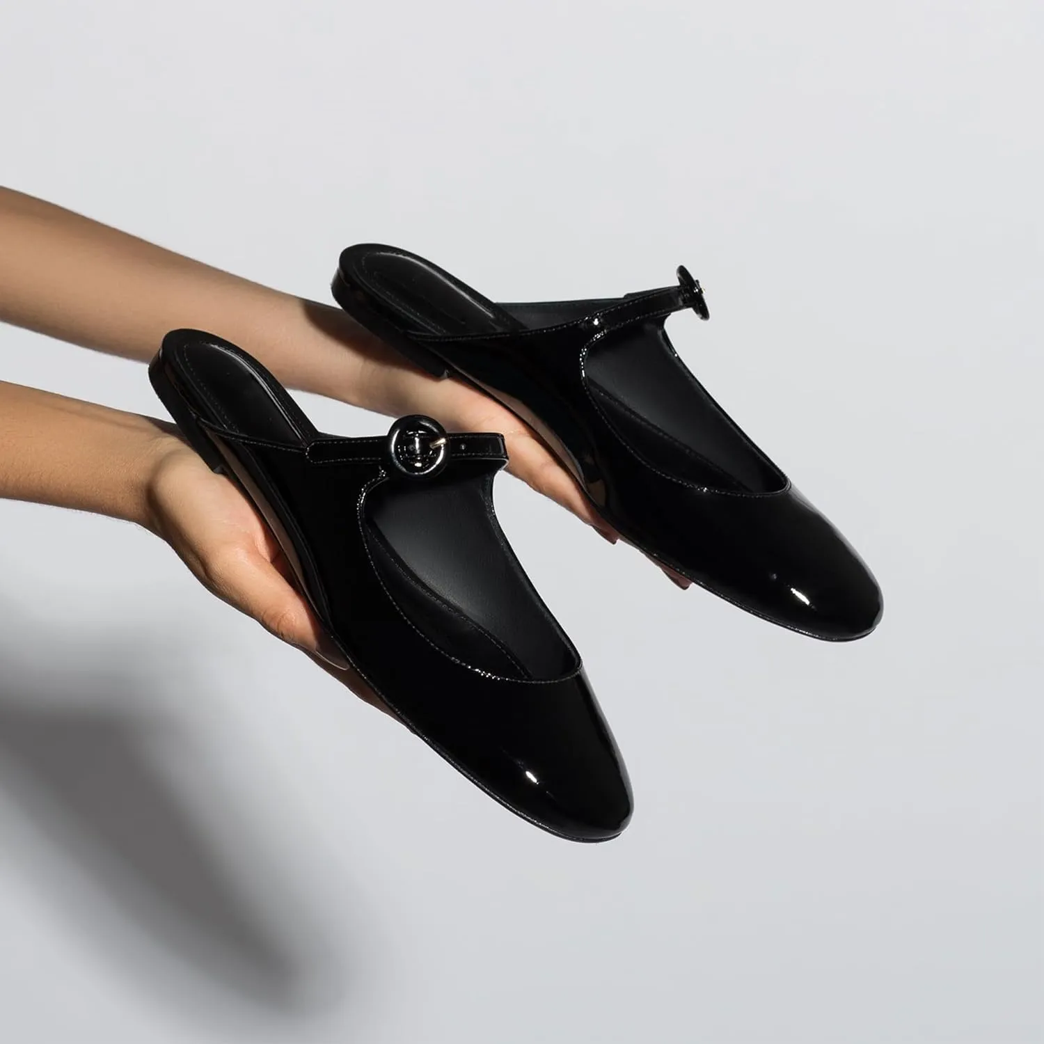Flat Mules for Women Cute Closed Round Toe Slides Slip On Buckle Strap Mary Jane Backless Ballerina Flats Shoes