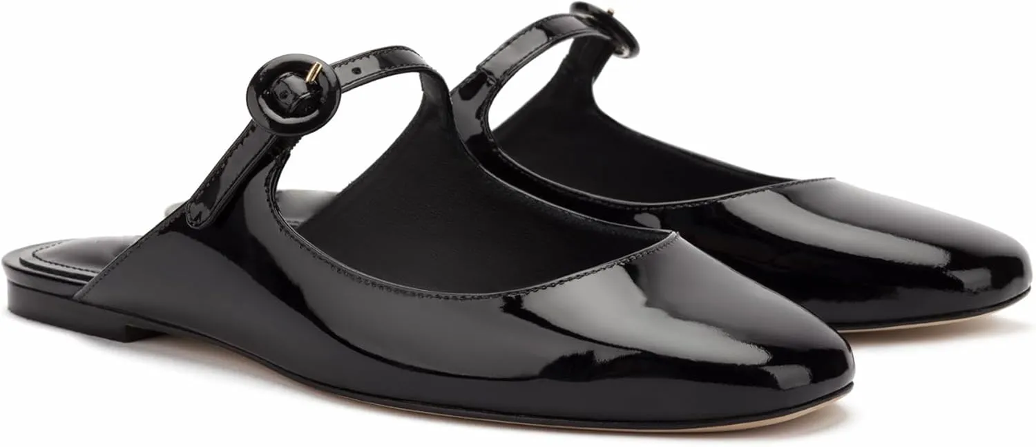 Flat Mules for Women Cute Closed Round Toe Slides Slip On Buckle Strap Mary Jane Backless Ballerina Flats Shoes