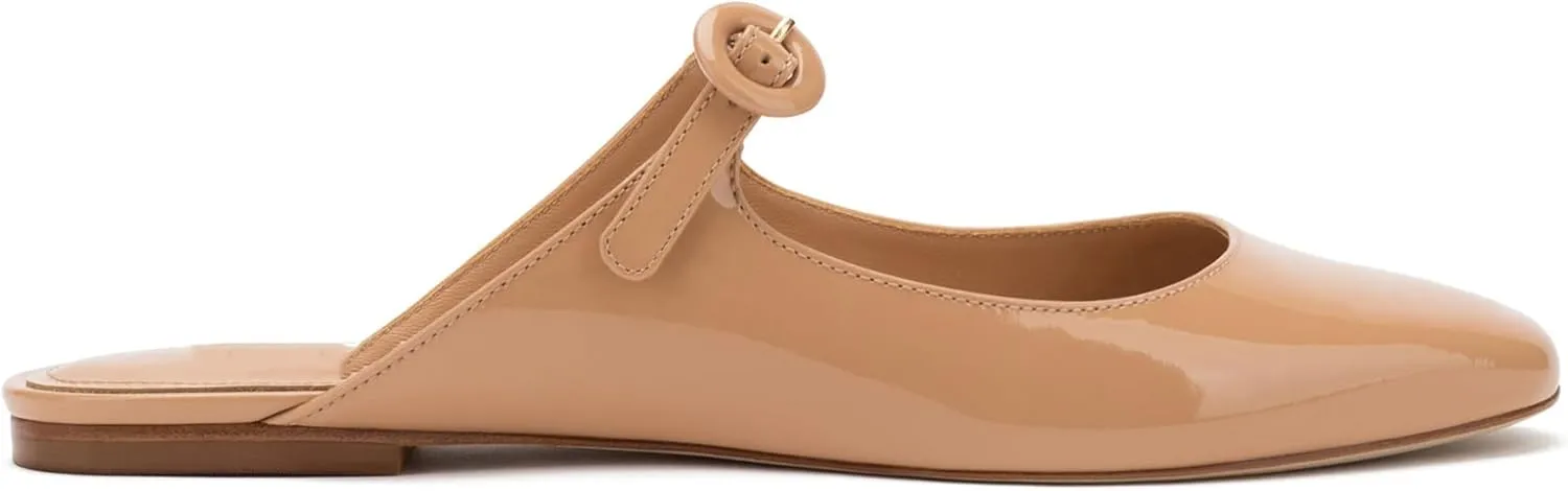 Flat Mules for Women Cute Closed Round Toe Slides Slip On Buckle Strap Mary Jane Backless Ballerina Flats Shoes