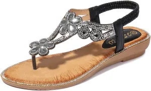 Flat Sandals for Women Bohemian Rhinestone Sandals Summer Beach Sandal Elastic Strap Flip Flops Bohemian Thong Sandal