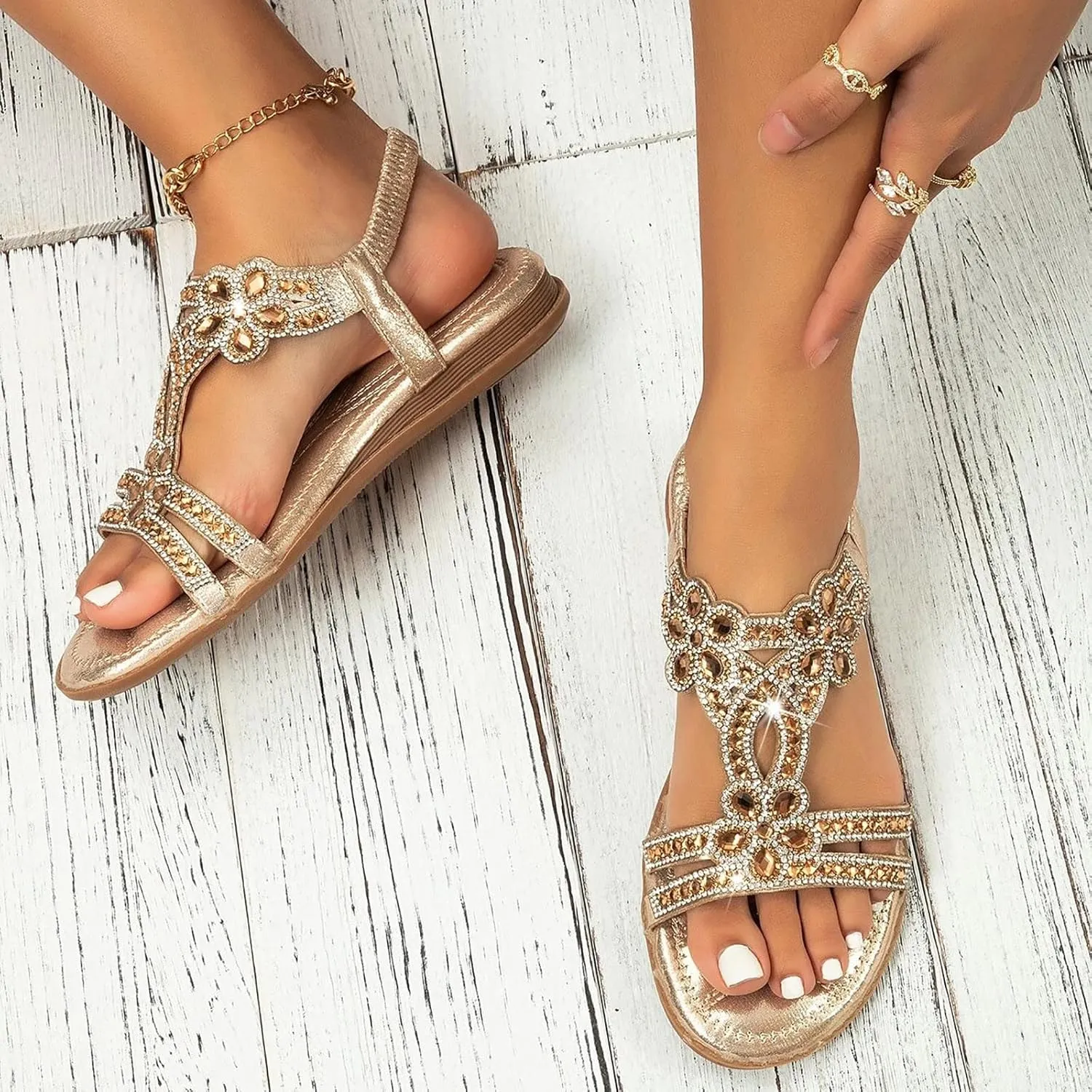 Flat Sandals for Women Bohemian Rhinestone Sandals Summer Beach Sandal Elastic Strap Flip Flops Bohemian Thong Sandal