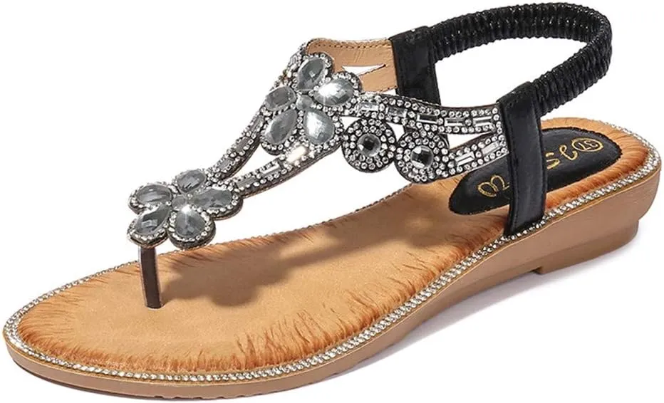 Flat Sandals for Women Bohemian Rhinestone Sandals Summer Beach Sandal Elastic Strap Flip Flops Bohemian Thong Sandal