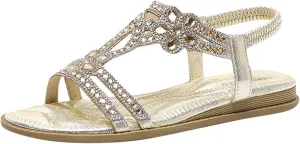 Flat Sandals for Women Bohemian Rhinestone Sandals Summer Beach Sandal Elastic Strap Flip Flops Bohemian Thong Sandal