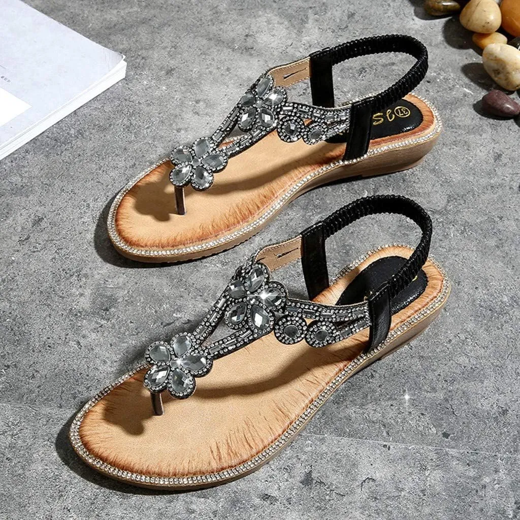 Flat Sandals for Women Bohemian Rhinestone Sandals Summer Beach Sandal Elastic Strap Flip Flops Bohemian Thong Sandal