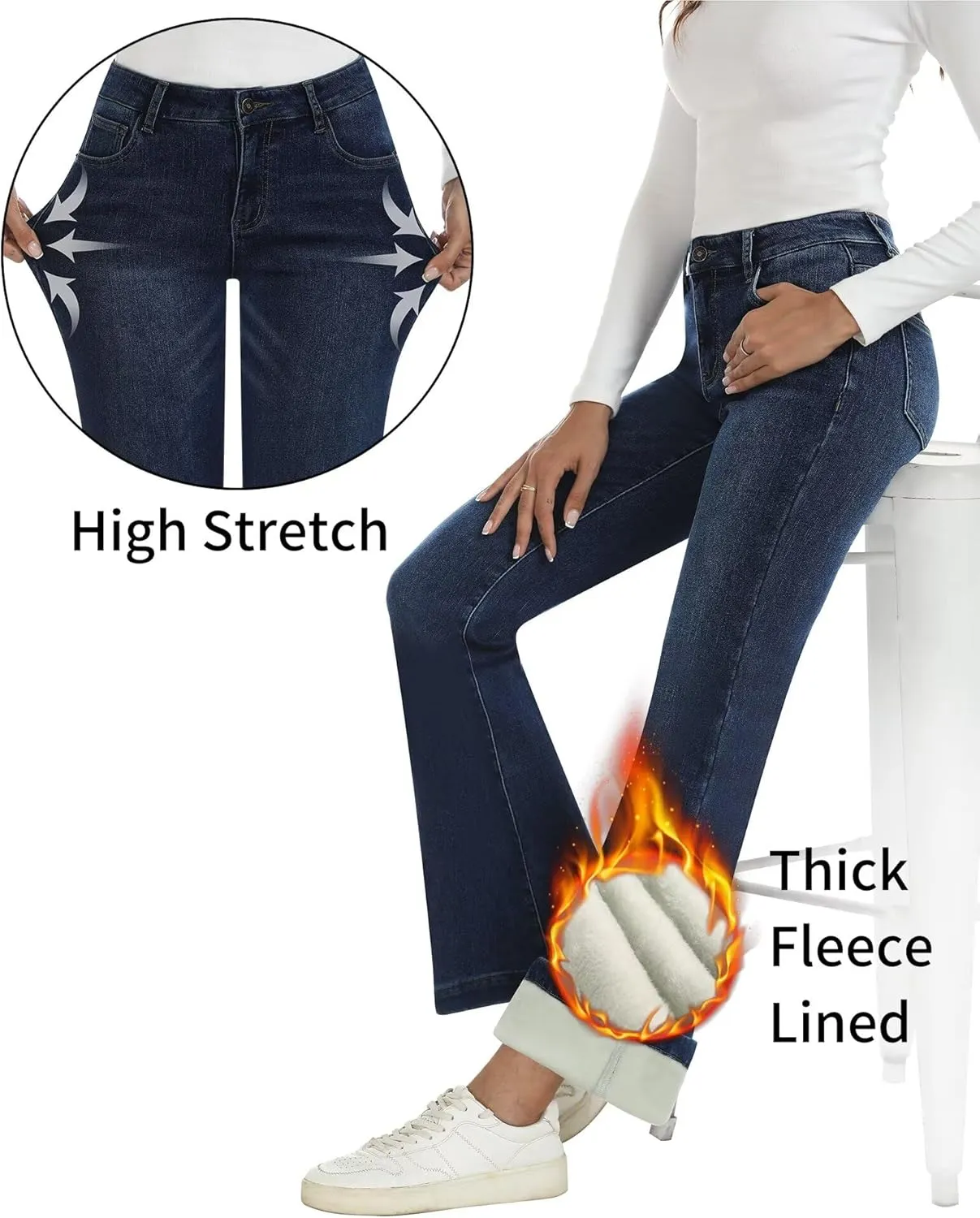 Fleece Lined Jeans Women High Waisted Stretchy Winter Jeans Warm Thermal Pants Thick Bell Bottom Wide Leg Jeans Woman