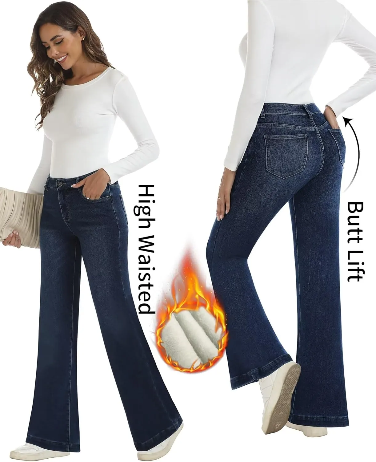 Fleece Lined Jeans Women High Waisted Stretchy Winter Jeans Warm Thermal Pants Thick Bell Bottom Wide Leg Jeans Woman
