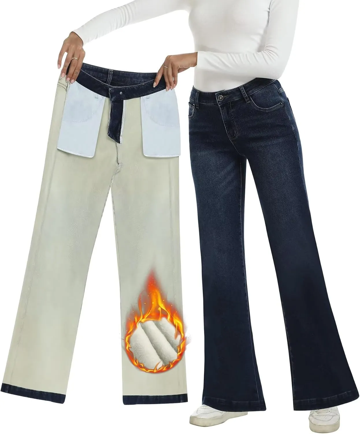 Fleece Lined Jeans Women High Waisted Stretchy Winter Jeans Warm Thermal Pants Thick Bell Bottom Wide Leg Jeans Woman